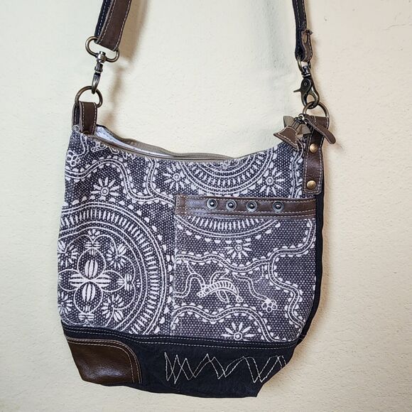 Myra Handbags - Myra Bag Leather Canvas Purse Tote Aztec Western Boho Tribal Floral Blue White